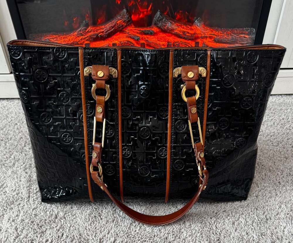 Tory Burch Black Embossed Patent Leather Tote Bag